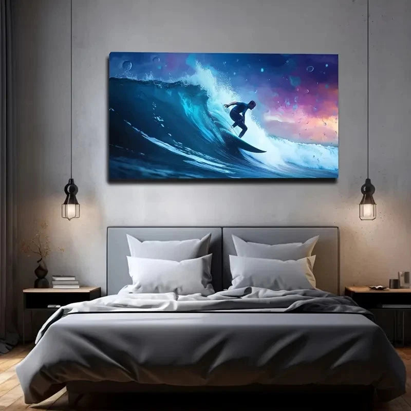 Surfing Rider On Waves Blue Wall Art Canvas Office Home Room Framed 120x60cm
