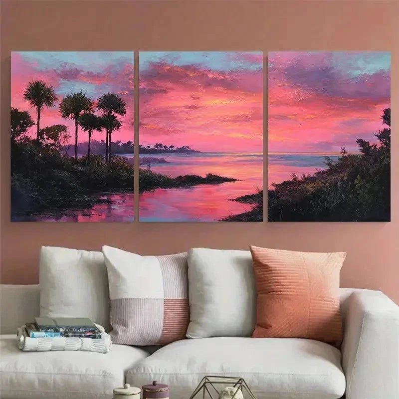 3pcs Coastal Serenity Pink Sunset Perfect Wall Art Set Canvas Framed 40x60cm - High Quality Print 100% Australian Made Wall Canvas Ready to Hang - Bella Home Decor