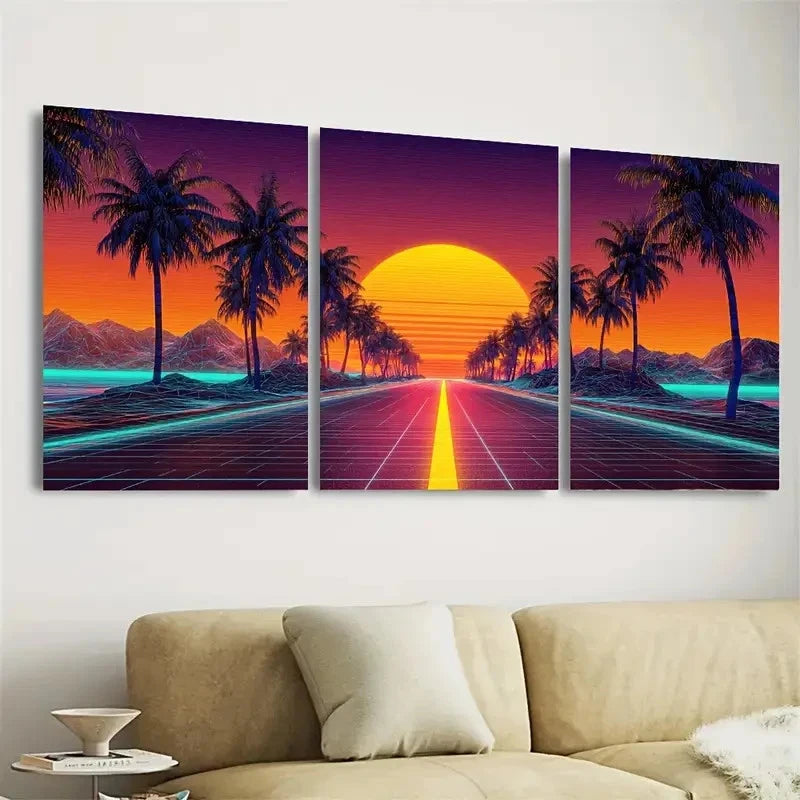 3pcs Neon Sunset Palm Tree Synthwave Retro Art Wall Art Set Canvas Framed 50x70cm - High Quality Print 100% Australian Made Wall Canvas Ready to Hang