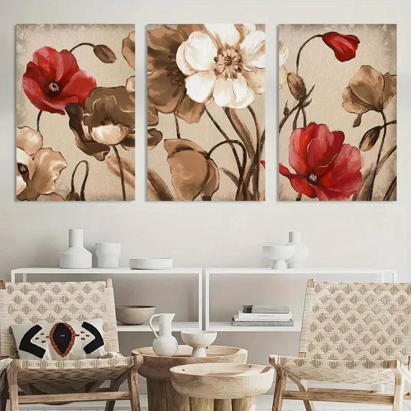 3pcs Vintage Floral Brown & Red Flowers Metal Print Ready to Hang Art - Bella Home Decor