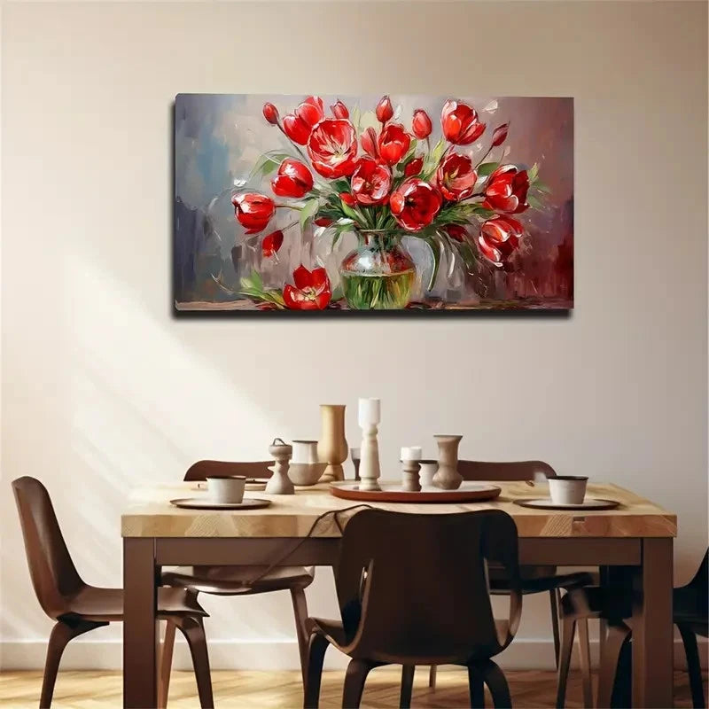 Deep Red Tulips Bohemian Wall Art Canvas Office Home Room Framed 120x60cm