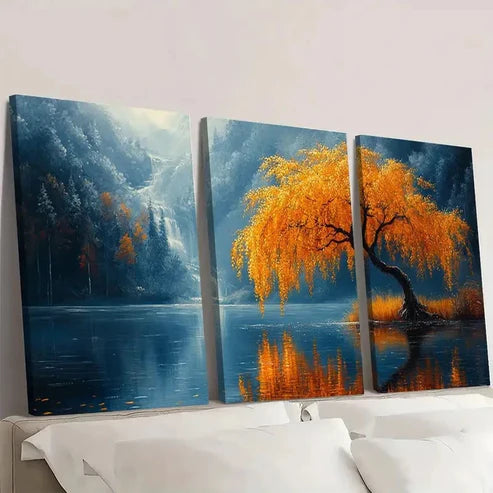 3pcs Willow Tree by The Lake  Wall Art Set Canvas Unframed - High Quality Print 100% Australian Made Wall Canvas
