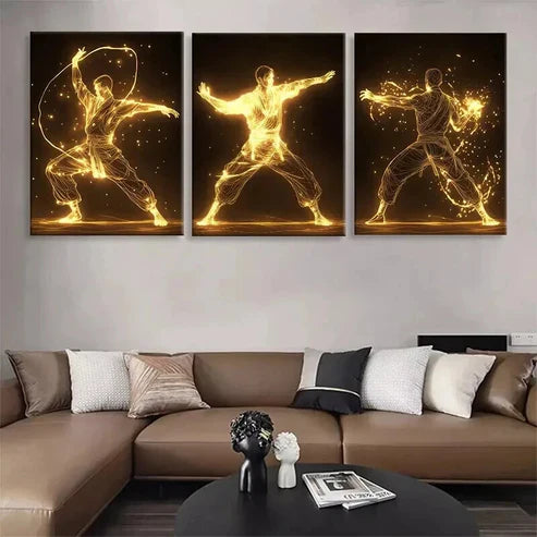3pcs Glowing Martial Golden Energy Perfect Art Set Canvas Unframed - High Quality Print 100% Australian Made Wall Canvas - Bella Home Decor