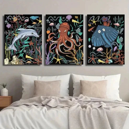 3pcs Dolphin Octopus Stingray Underwater Wall Art Set Canvas Unframed - High Quality Print 100% Australian Made Wall Canvas - Bella Home Decor