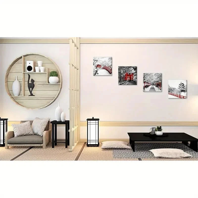 4pcs Japanese Asian Nature Landscape Black White Wall Art Canvas Framed - Bella Home Decor
