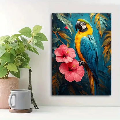 Vibrant Macaw & Hibiscus Flowers Painting 60x90cm Metal Print Ready to Hang