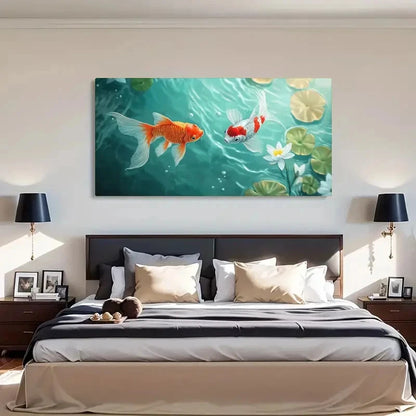Serene Goldfish & Lotus Leaf Wall Art Canvas Office Home Room Framed 120x60cm