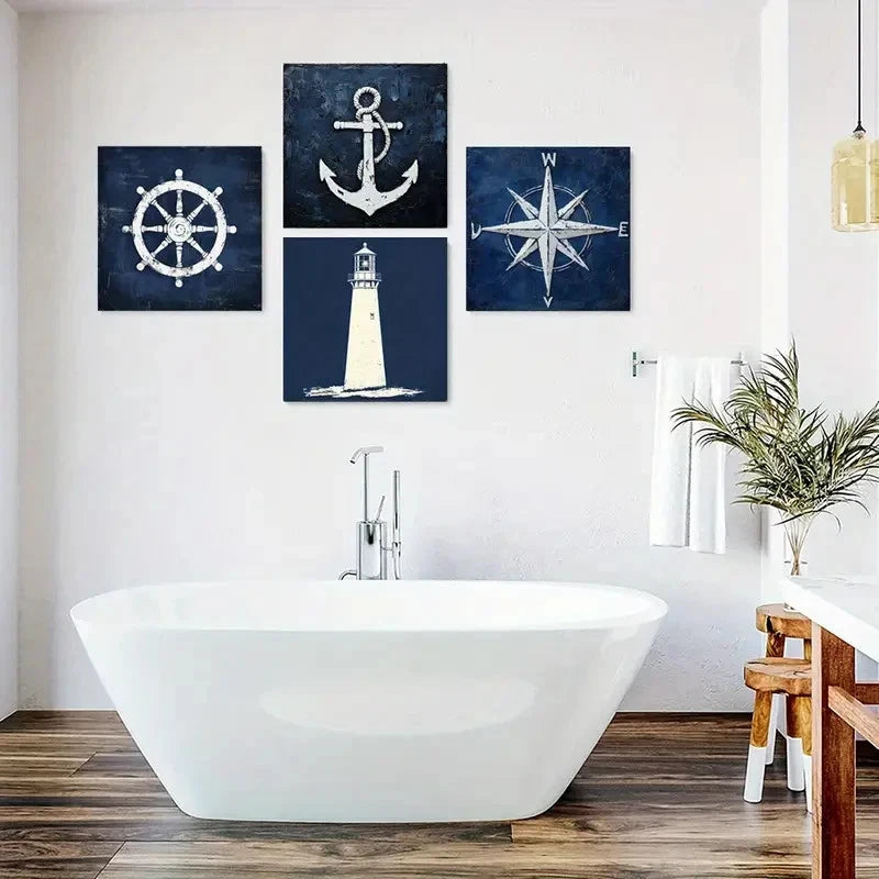 4pcs Compass Decorative Artwork, Lighthouses Wall Art Canvas Framed