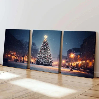 3pcs Snow Scene Christmas Tree Painting Wall Art Set Canvas Framed 50x70cm - High Quality Print 100% Australian Made Wall Canvas Ready to Hang