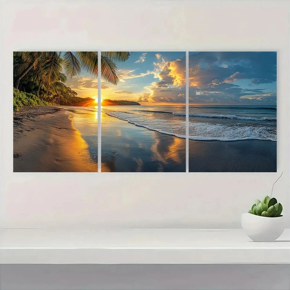 3pcs Beach Scenery Coconut Trees Sunset Metal Print Ready to Hang Art - Bella Home Decor