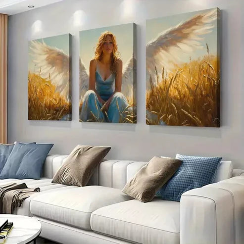 3pcs Graceful Angel in Wheat Field Triptych Wall Art Set Wall Art Canvas Unframed - High Quality Print 100% Australian Made Wall Canvas