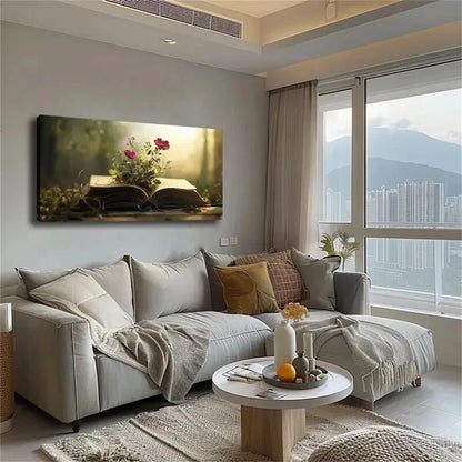 Vibrant Flowers & Open Book Wall Art Canvas Office Home Room Framed 120x60cm - Bella Home Decor