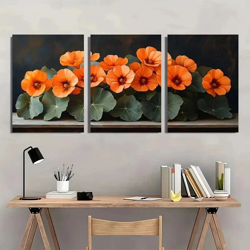 3pcs Nasturtium Flowers Dark Nature Perfect Wall Art Set Canvas Framed 50x70cm - High Quality Print 100% Australian Made Wall Canvas Ready to Hang