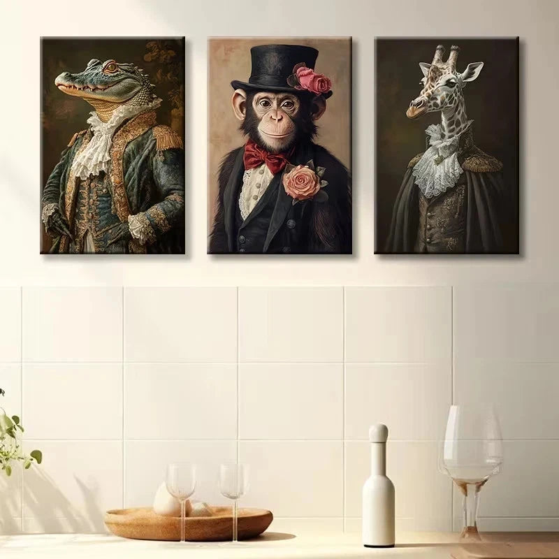 3pcs Animal Portraits in Vintage Attire Wall Art Set Canvas Framed 60x90cm - High Quality Print 100% Australian Made Wall Canvas Ready to Hang - Bella Home Decor