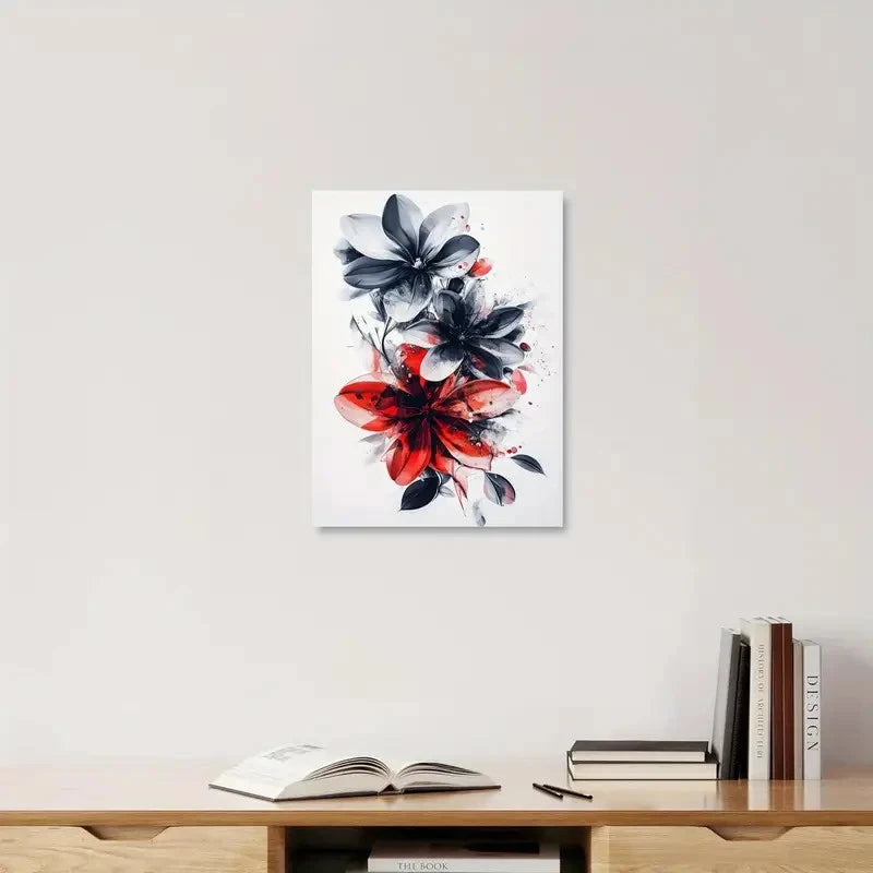 Floral painting on a wall above a wooden shelf with books and an open book.