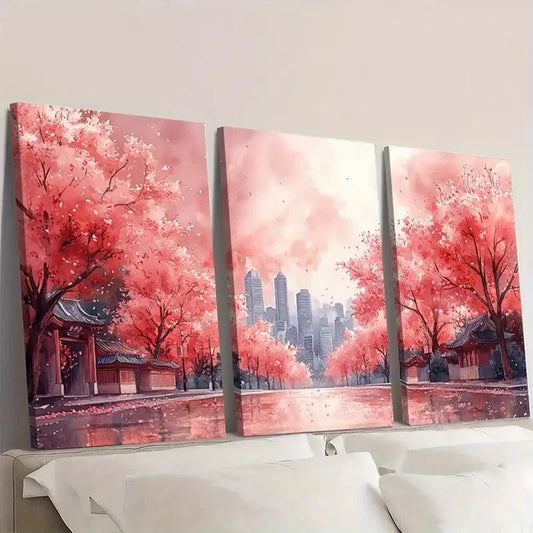 3pcs Sakura Cityscape Cherry Blossom CB Wall Art Set Canvas Framed 50x70cm - High Quality Print 100% Australian Made Wall Canvas Ready to Hang