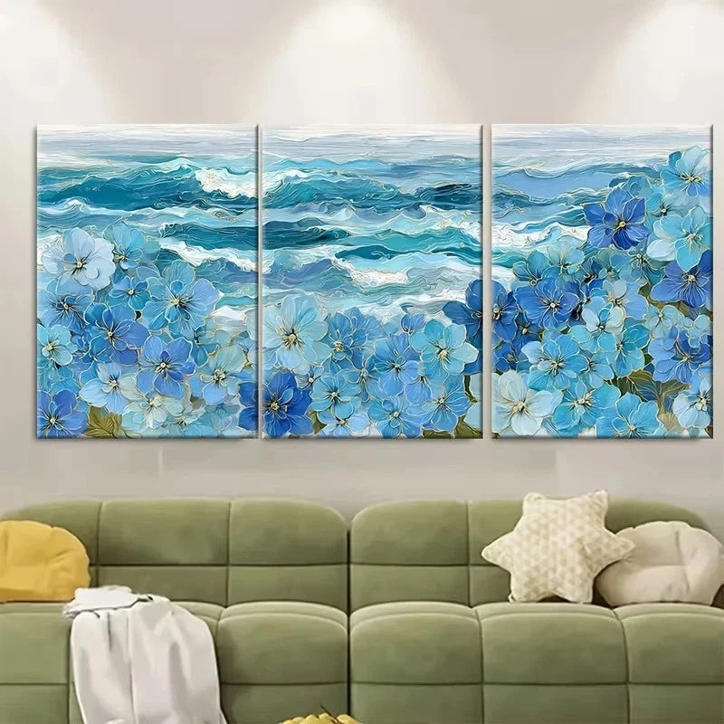 3pcs Blue Flowers And an Ocean Landscape Wall Art Set Canvas Framed 60x90cm - High Quality Print 100% Australian Made Wall Canvas Ready to Hang - Bella Home Decor
