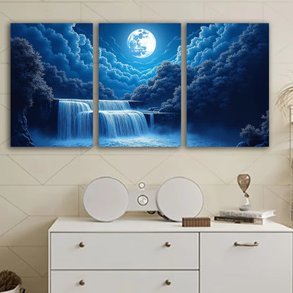 3pcs Waterfall with Moonlit Night Sky & Forest Wall Art Set Canvas Framed 50x70cm - High Quality Print 100% Australian Made Wall Canvas Ready to Hang