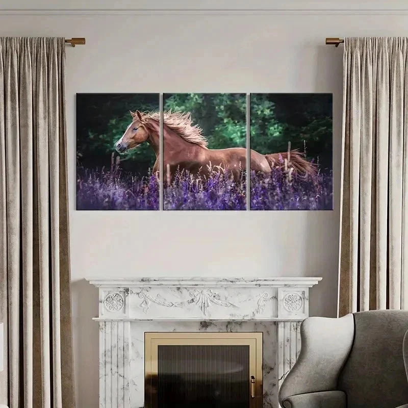 3pcs Horse in Lavender Bush Modern Wall Art Set Canvas Framed 50x70cm - High Quality Print 100% Australian Made Wall Canvas Ready to Hang