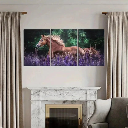 3pcs Horse in Lavender Bush Modern Wall Art Set Canvas Framed 50x70cm - High Quality Print 100% Australian Made Wall Canvas Ready to Hang