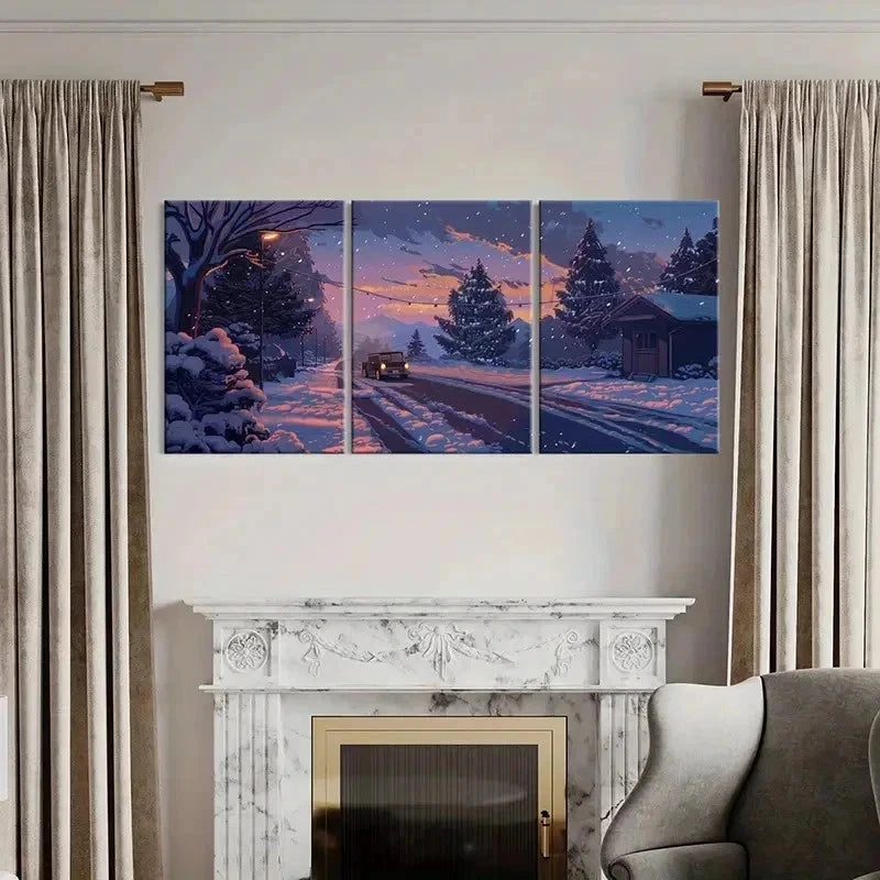 3pcs Snow Road Car & Cabin Vintage Wall Art Set Canvas Framed 60x90cm - High Quality Print 100% Australian Made Wall Canvas Ready to Hang