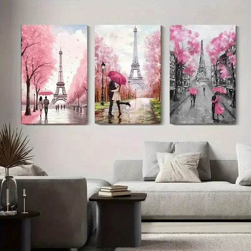 3pcs Eiffel Tower Paris Pink Umbrella Perfect Wall Art Canvas Unframed - High Quality Print 100% Australian Made Wall Canvas - Bella Home Decor