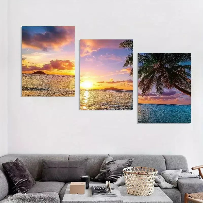 3pcs Modern Simple Seascape Sunset Aesthetic Wall Art Set Canvas Framed 50x70cm - High Quality Print 100% Australian Made Wall Canvas Ready to Hang