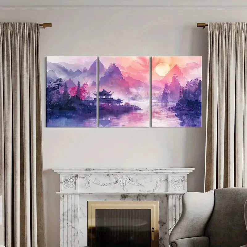 3pcs Retro Chinese Traditional Architecture Metal Print Ready to Hang Art - Bella Home Decor