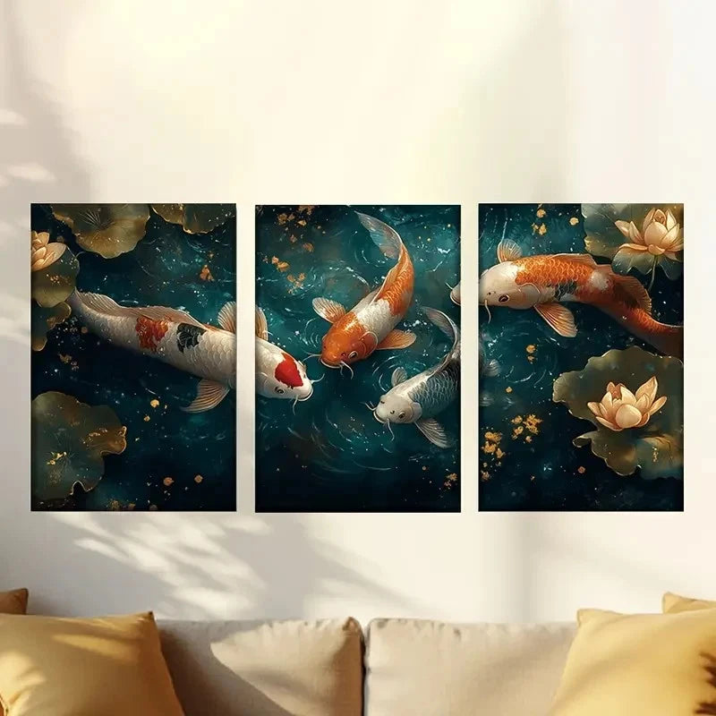 3pcs Vibrant Orange & White Koi Fish Swimming Wall Art Set Canvas Framed 50x70cm - High Quality Print 100% Australian Made Wall Canvas Ready to Hang