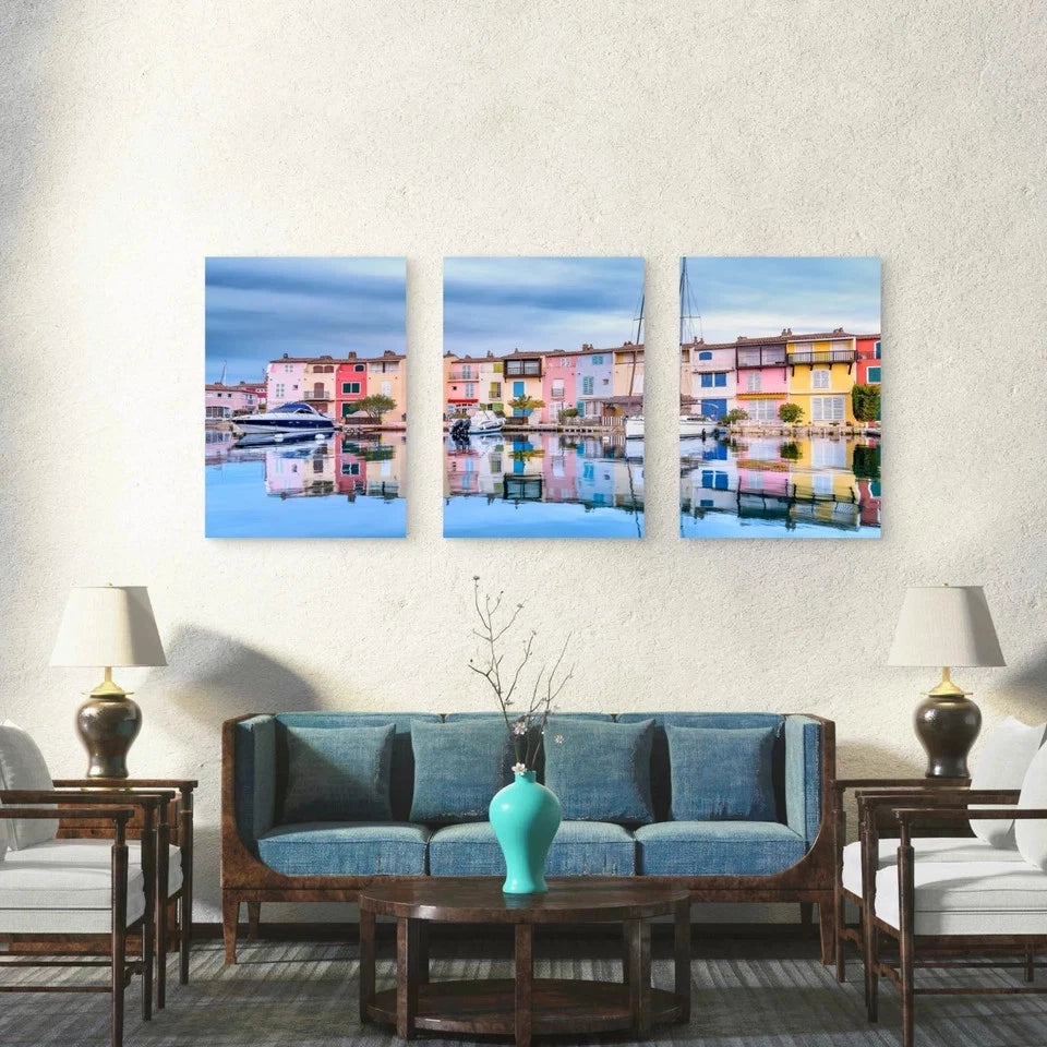 3pcs Harbor Reflections In Port Grimaud Wall Art Set Canvas Framed 40x60cm - High Quality Print 100% Australian Made Wall Canvas Ready to Hang