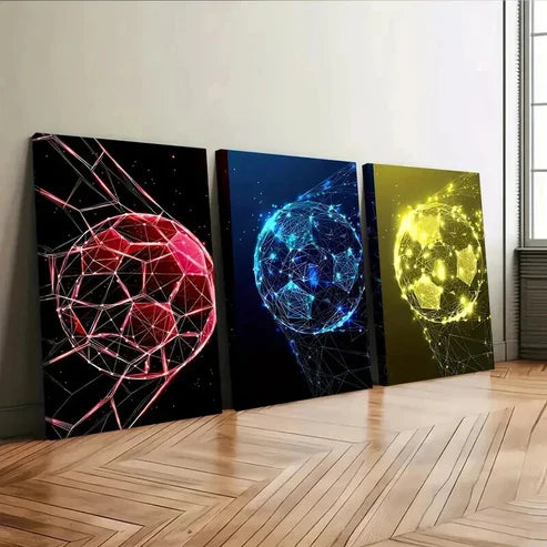 3pcs Soccer Ball Geometric Colourful Red Blue Wall Art Canvas Unframed - High Quality Print 100% Australian Made Wall Canvas