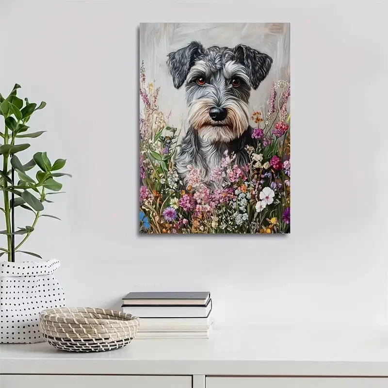 Beautiful Cute Schnauzer Dog with Flowers & Plants 40x60cm Metal Print Ready to Hang - Bella Home Decor