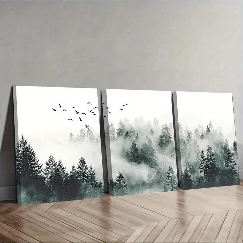 Three panel wall art of a forest scene with trees and birds on a wooden floor.