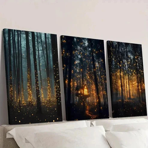 3pcs Dreamy Mysterious Forest & Firefly Wall Art Set Canvas Unframed - High Quality Print 100% Australian Made Wall Canvas - Bella Home Decor