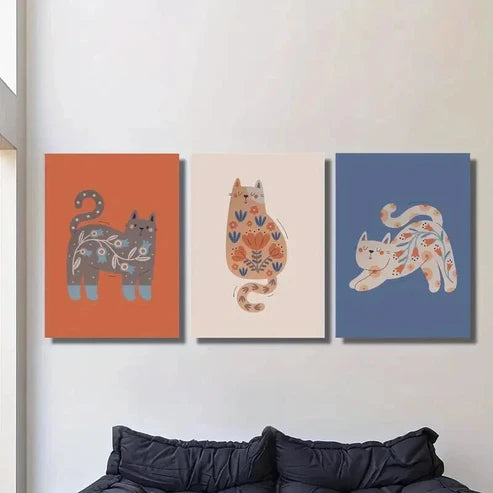 3pcs Cute Cartoon Nordic Niche Cats Wall Art Set Canvas Unframed - High Quality Print 100% Australian Made Wall Canvas - Bella Home Decor