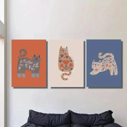3pcs Cute Cartoon Nordic Niche Cats Wall Art Set Canvas Unframed - High Quality Print 100% Australian Made Wall Canvas - Bella Home Decor