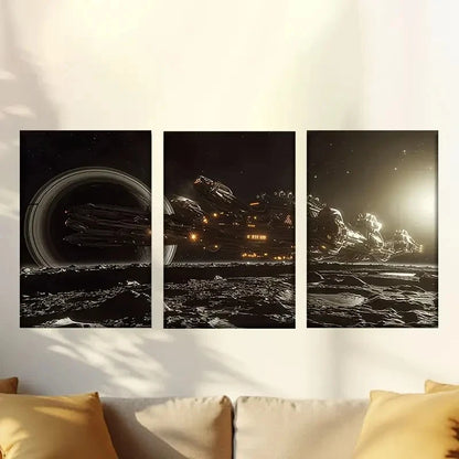 3pcs Starship Illustrations with Planets Nebulae Wall Art Set Canvas Framed 50x70cm - High Quality Print 100% Australian Made Wall Canvas Ready to Hang