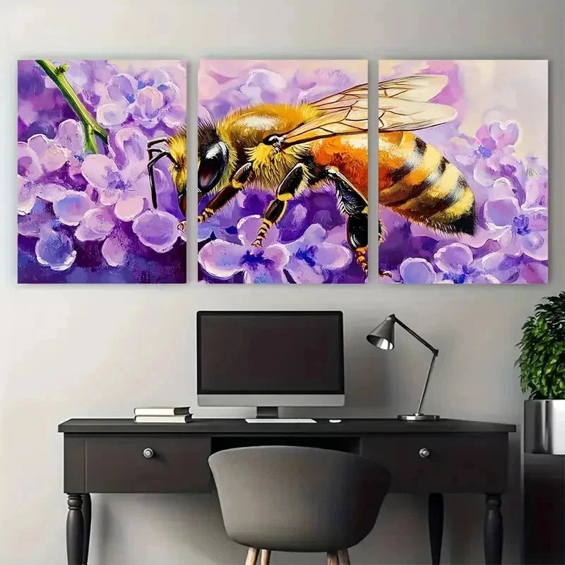 3pcs Vibrant Bee And Lilac Flowers Perfect Wall Art Set Canvas Framed 50x70cm - High Quality Print 100% Australian Made Wall Canvas Ready to Hang