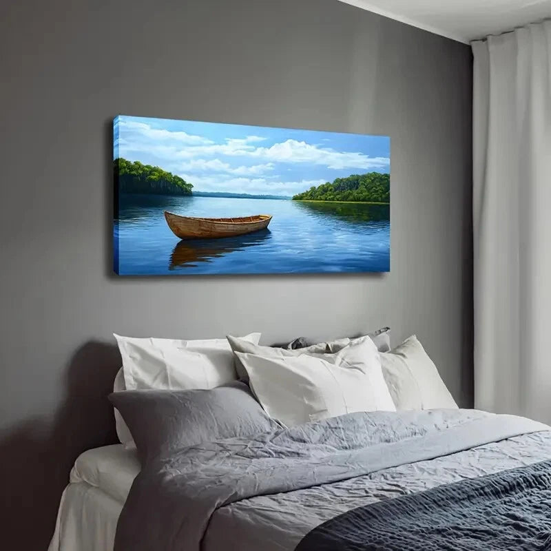Serene Lake And Rowboat Scene Wall Art Canvas Office Home Room Framed 120x60cm - Bella Home Decor