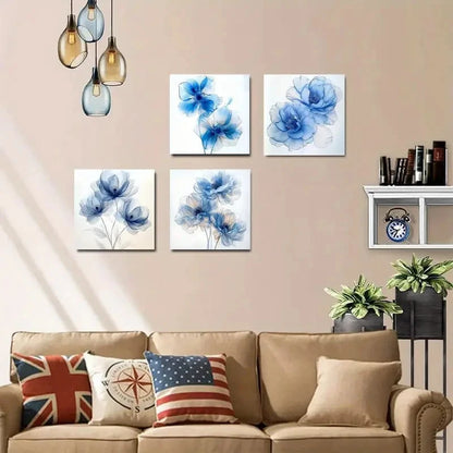 4pcs Modern Blue Floral Wall Art Canvas Framed