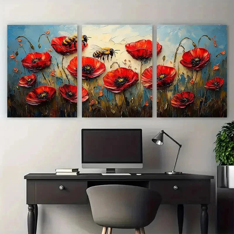 3pcs Red Poppy Painting Honeybee Perfect Wall Art Set Canvas Framed 50x70cm - High Quality Print 100% Australian Made Wall Canvas Ready to Hang