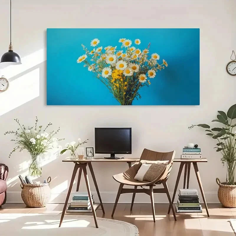 Daisies In Vase Floral Wall Art Canvas Office Home Room Framed 120x60cm - Bella Home Decor