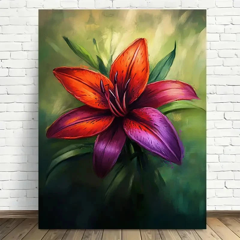 Vibrant Red & Purple Lily Flower Painting 40x60cm Metal Print Ready to Hang - Bella Home Decor