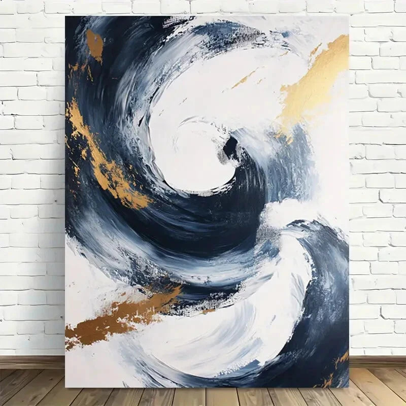 Beautiful Blue White & Golden on Black Painting 40x60cm Metal Print Ready to Hang - Bella Home Decor