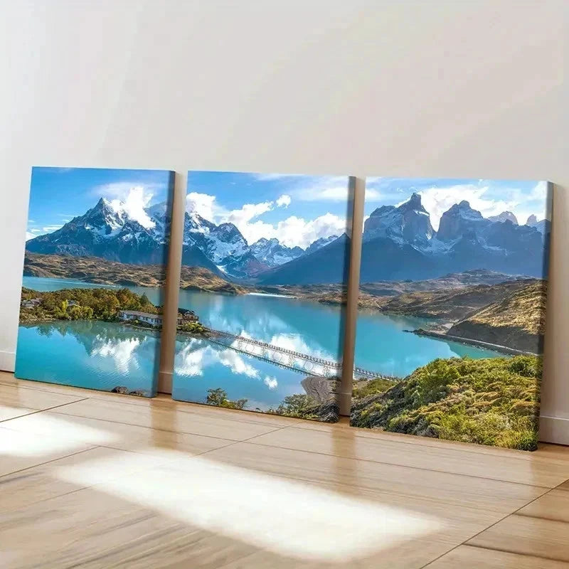 3pcs Chile Andes Lake Patagonia Bridge Wall Art Set Canvas Framed 50x70cm - High Quality Print 100% Australian Made Wall Canvas Ready to Hang - Bella Home Decor