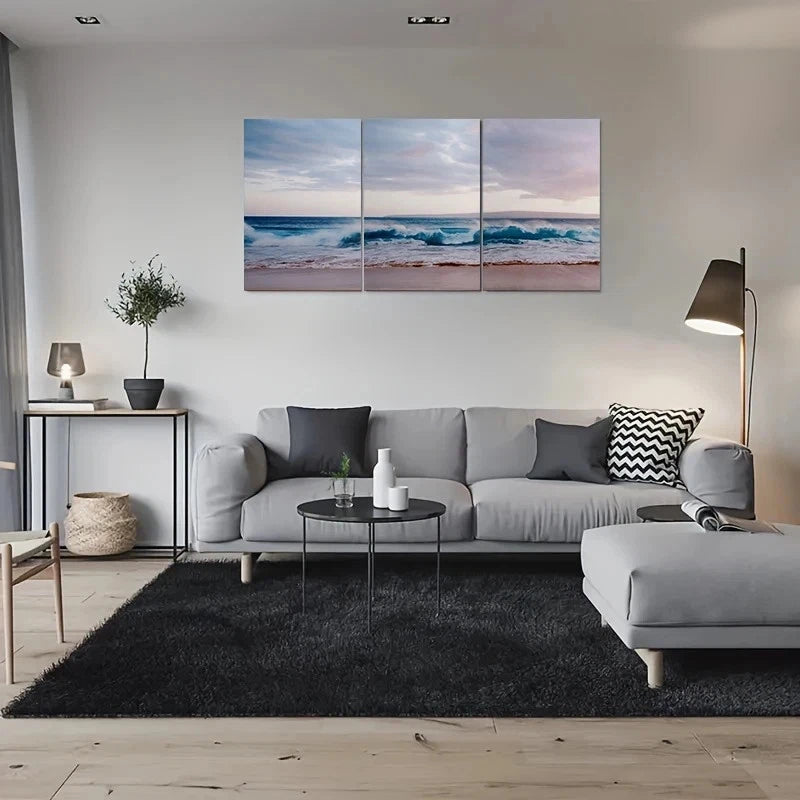 3pcs Golden Sunset & Rolling Waves Metal Print Ready to Hang Art - Bella Home Decor