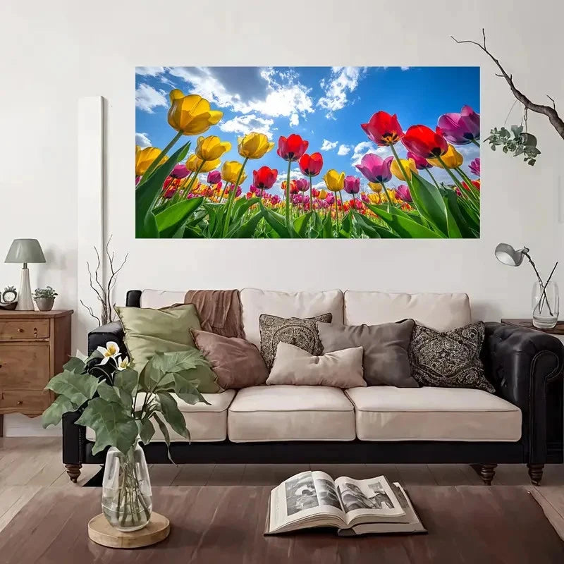 Vibrant Tulips Under Blue Sky Wall Art Canvas Office Home Room Framed 120x60cm