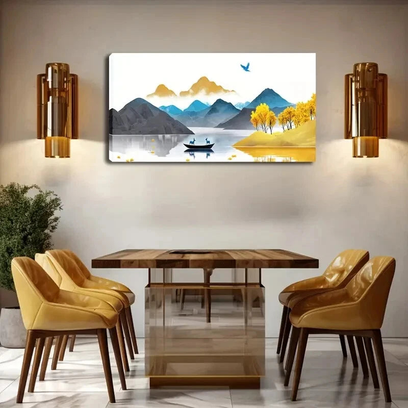 Golden Tree And Grass Boat Wall Art Canvas Office Home Room Framed 120x60cm - Bella Home Decor