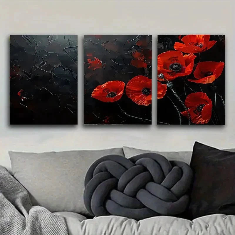 3pcs Dark Red Poppy Field Vintage Wall Art Set Canvas Framed 60x90cm - High Quality Print 100% Australian Made Wall Canvas Ready to Hang - Bella Home Decor
