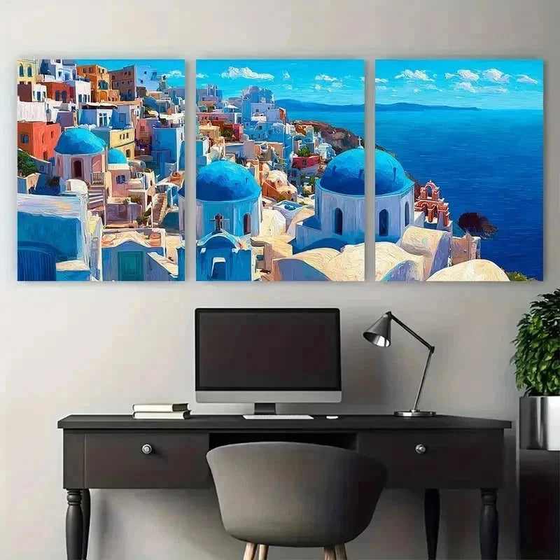 3pcs Aegean Sea Santorini Greece Blue Perfect Wall Art Set Canvas Framed 50x70cm - High Quality Print 100% Australian Made Wall Canvas Ready to Hang - Bella Home Decor